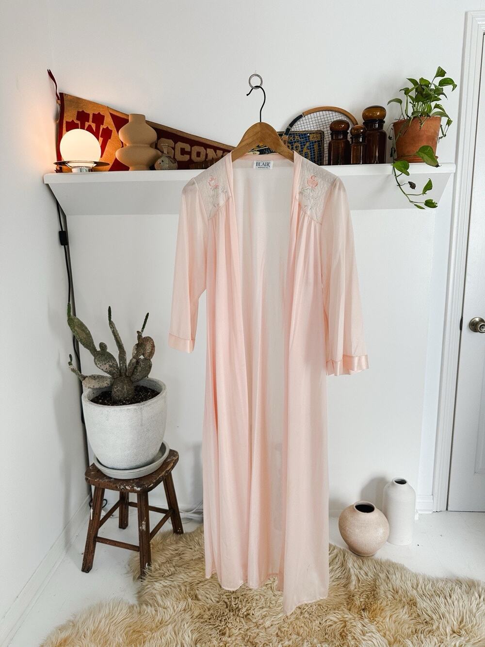 Vintage Blair Long Nylon Negligee with Roses Pink Size Small